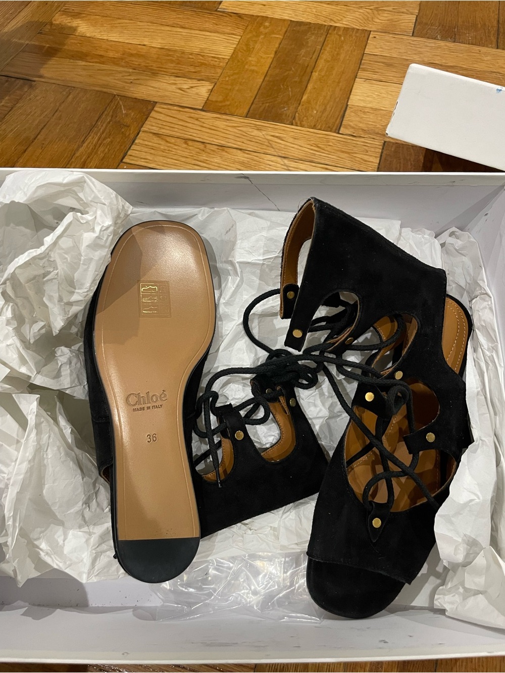 Chloé Vintage Black Lace-Up Suede Gladiator Sandals